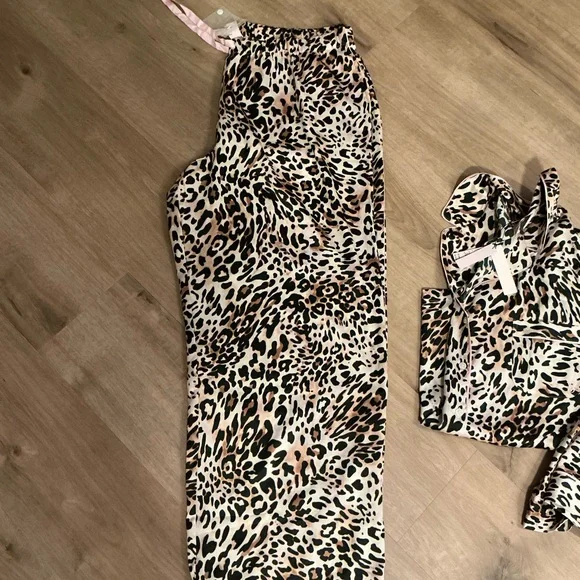 Victoria’s Secret -Leopard Print Satin Pajama Top with Pink Piping and Pants - Picture 5 of 6